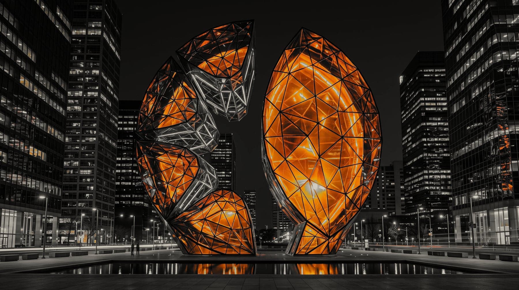 A glowing orange sculpture of the Legacy AI logo in a city plaza at night